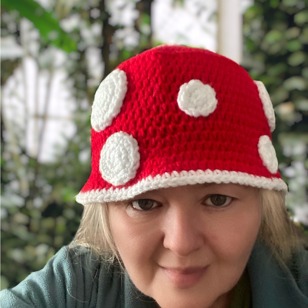 Red and White crochet mushroom hat.
